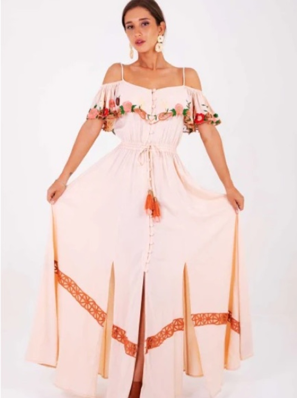 ZAIMARA Rosa Off The Shoulder Embroidered Boho Maxi Dress Gown S/M